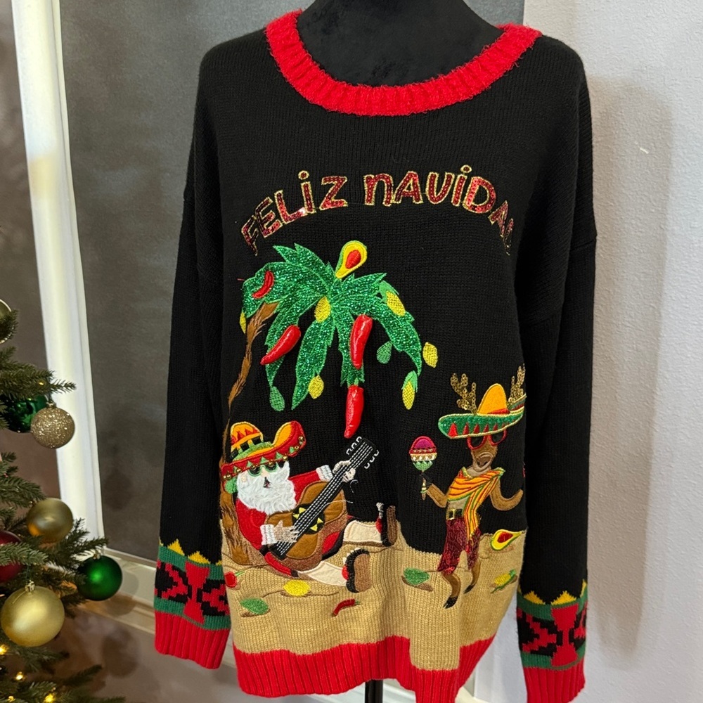 Holiday Time Black and Red Feliz Navidad Sweater